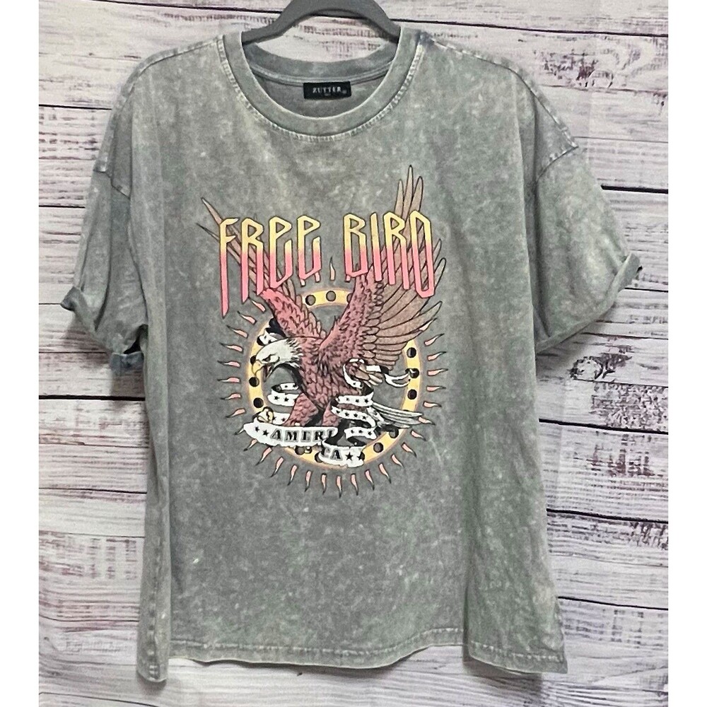 NWOT Zutter Free Bird America Graphic Tee M Gray Mineral Wash Eagle Western Boho